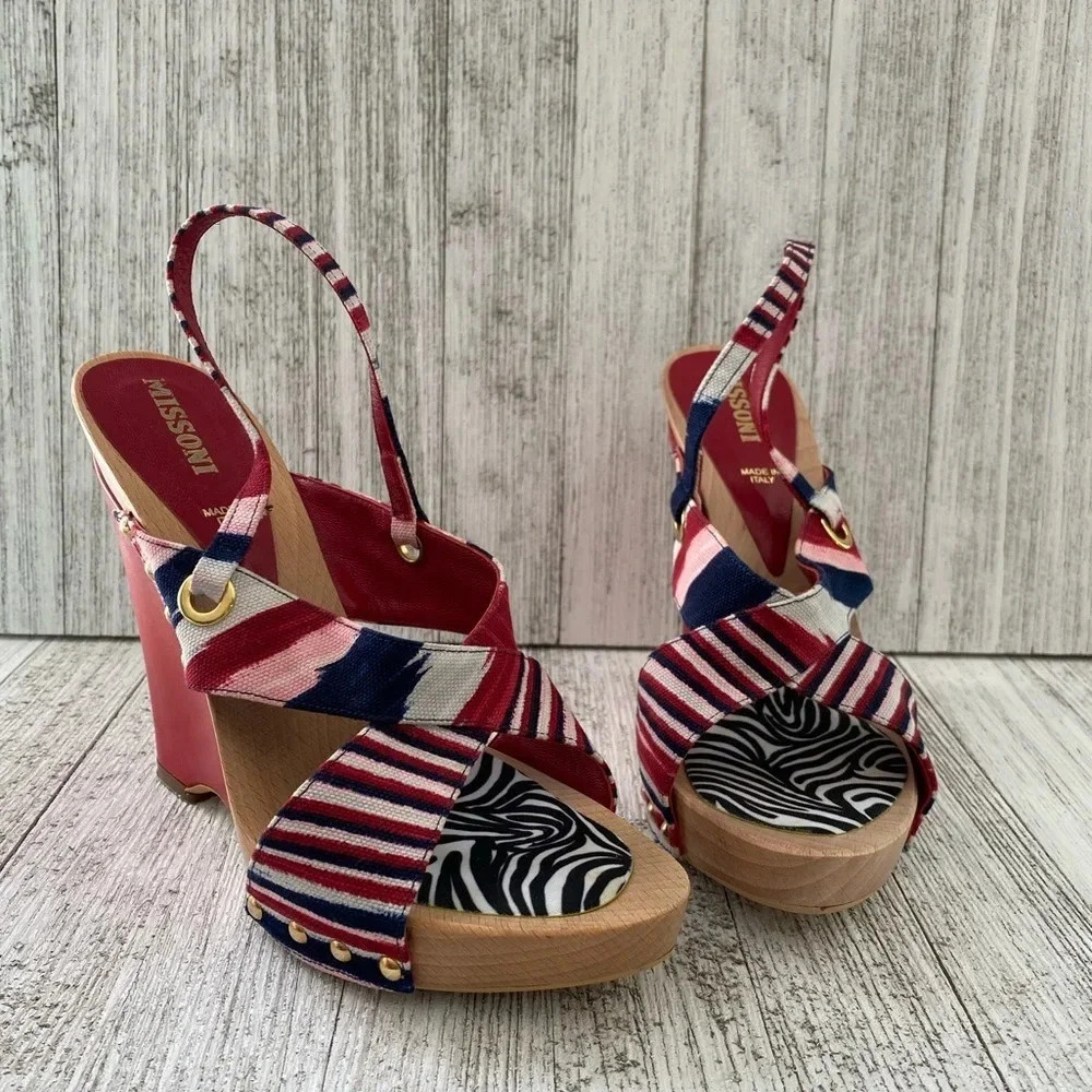 MISSONI OLONA Red Striped Wedge Heels N5443 Size 38 EU